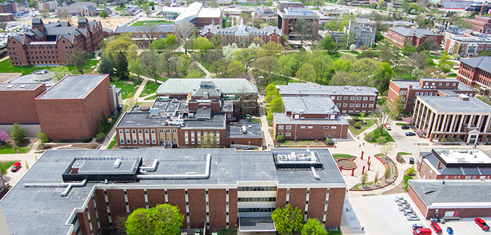 arial view of several campus buildings