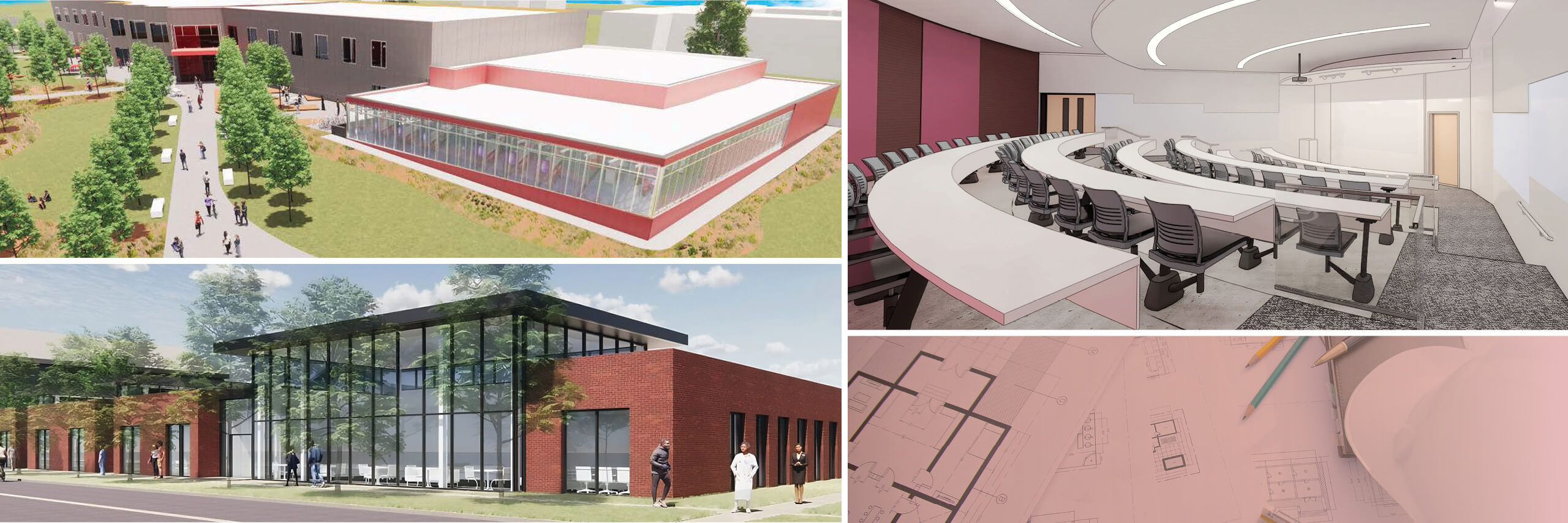 A photo collage of renders of College of Engineering Complex, the MCN Simulation Center, and the Center for the Visual Arts Rotunda.