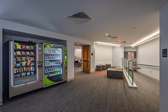 Accessible student common areas with snack vending machines.
