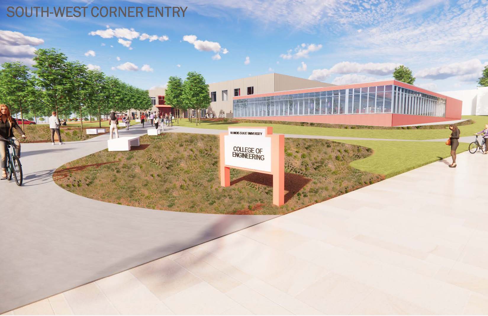 An artist rendering of the southwest corner entryway. A College of Engineering sign is in the foreground and mulitple students are walking the path to the Engineering Building complex in the background. 
