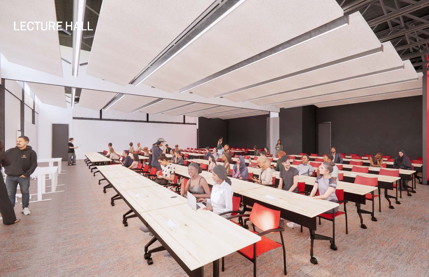 An artist rendering of students attending a class pictured from the front of a lecture hall.