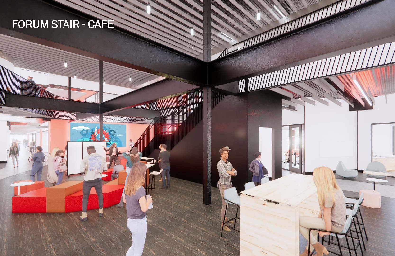 An artist rendering of the first floor lobby and atrium.  Students are interacting with campus preesentatives at a table.