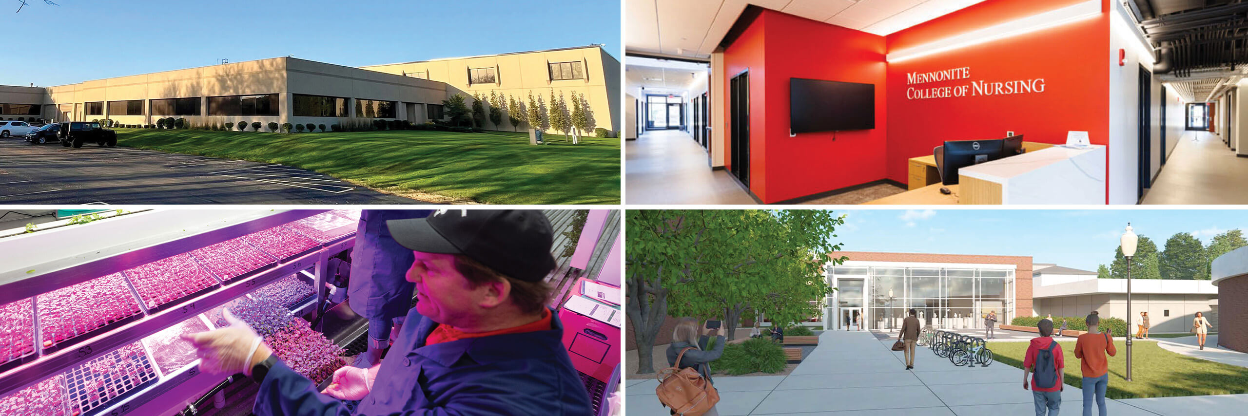 A photo collage of renders of College of Engineering Complex, the MCN Simulation Center, the Vertical Farm, and the Wonsook Kim College of Fine Arts Transformation project.