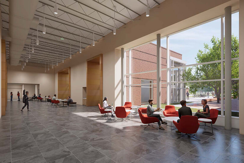 A digital rendering of a spacious interior with high ceilings, red armchairs, and large windows letting in natural light.