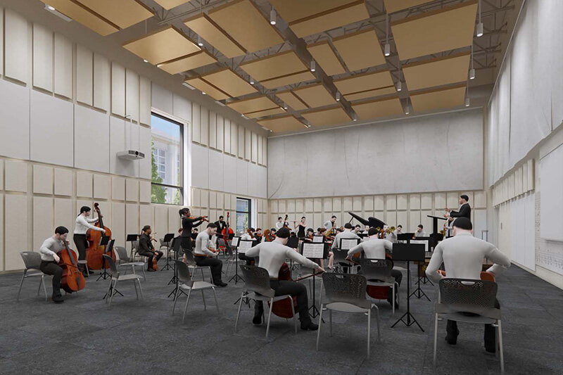 A digital rendering of a modern music rehearsal room with musicians playing orchestral instruments led by a conductor.
