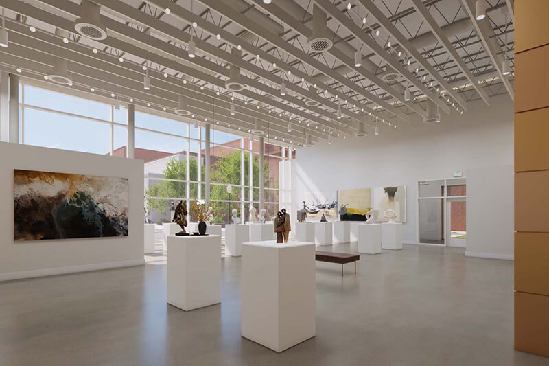 A digital rendering of a modern art gallery with large windows, sculptures on pedestals, and abstract paintings on the walls.
